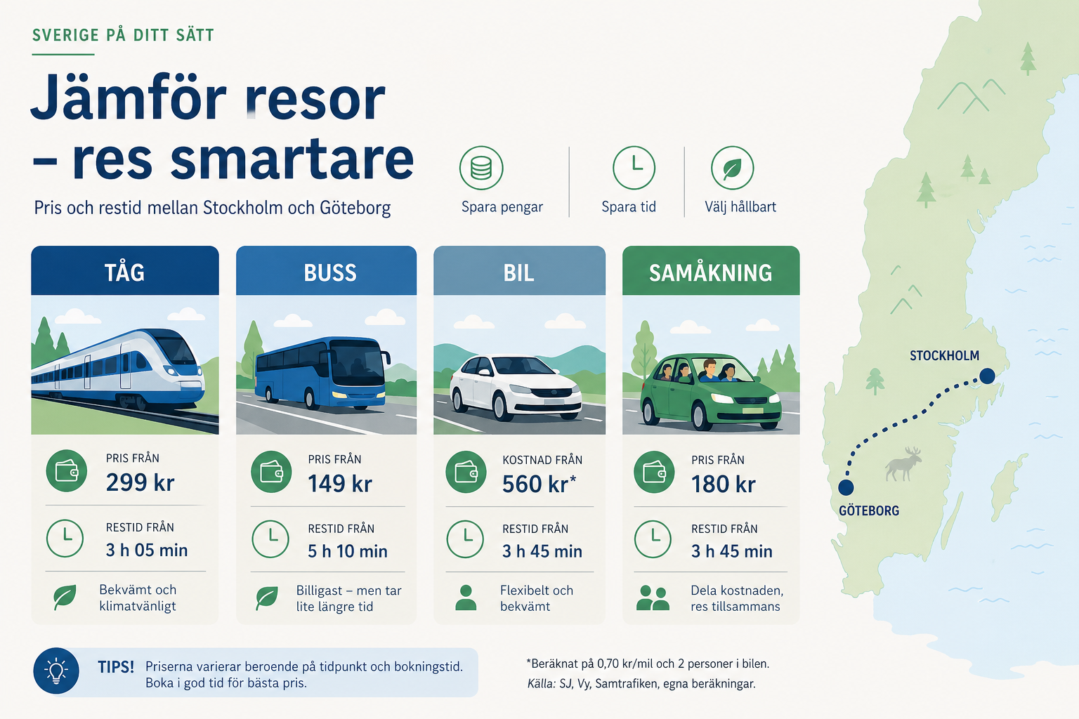 Billigaste sättet att resa i Sverige — tåg, buss eller bil?