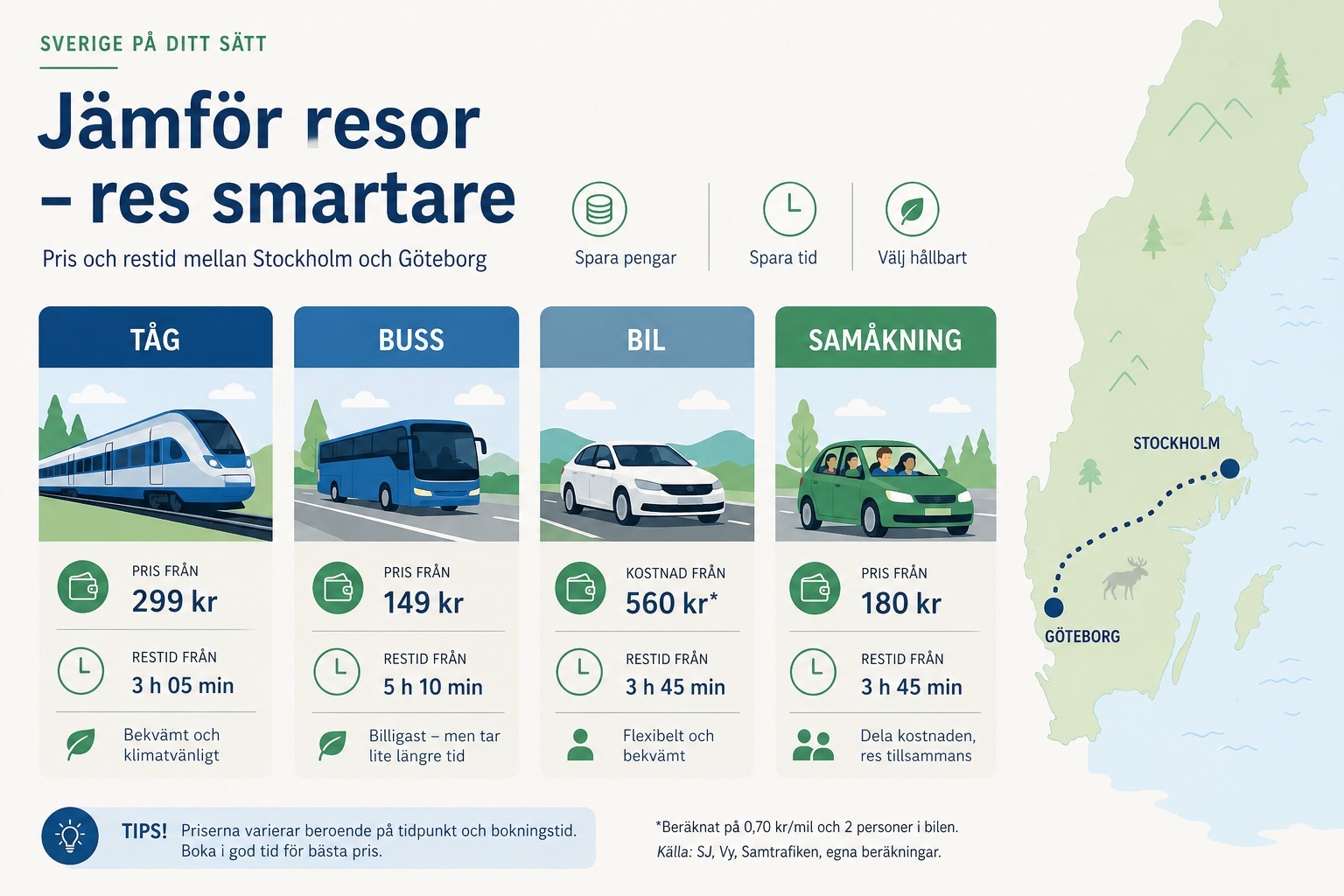 Billigaste sättet att resa i Sverige - tåg, buss eller bil?