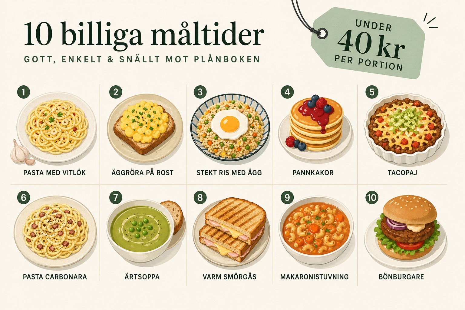 Billig mat snabbt - 10 middagar under 40 kronor per portion
